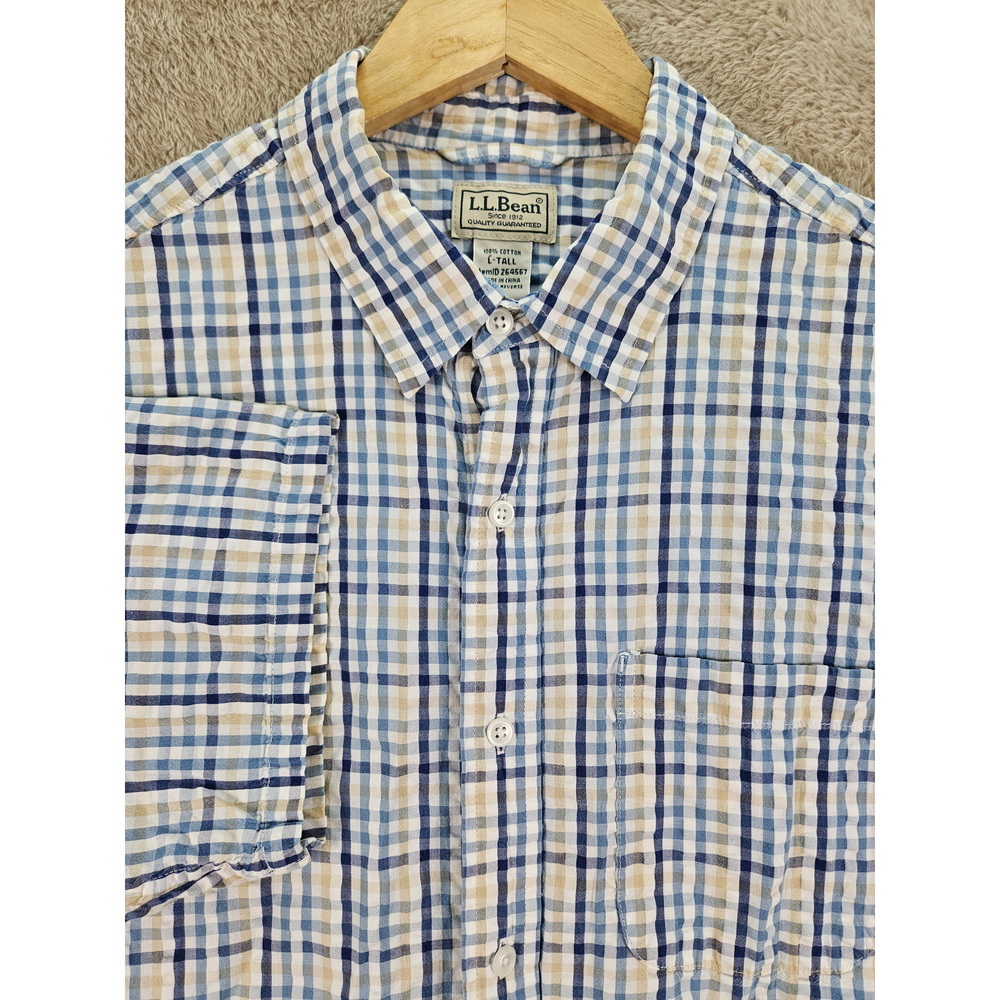 L.L.Bean Short-sleeve Button-down Shirt Blue White Tan Plaid Size LT Tall